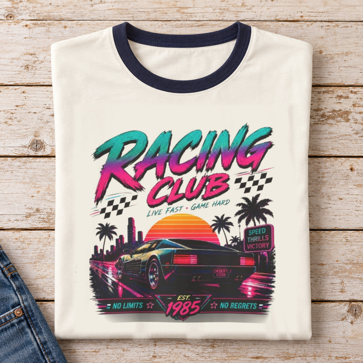 Racing Club ’80s Sports Car Ringer T-Shirt — folded shirt with original artwork