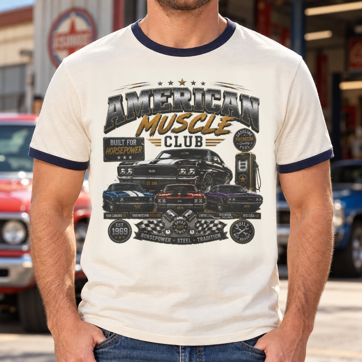 American Muscle Club Vintage Ringer T-Shirt — man wearing shirt with original artwork