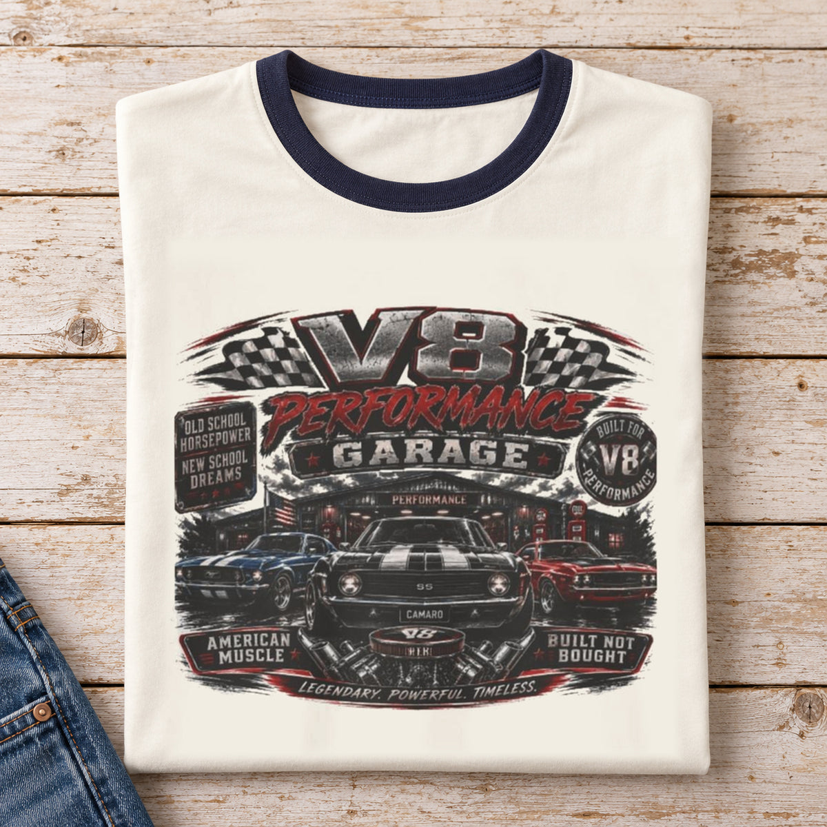 Vintage V8 Garage Ringer T-Shirt — folded shirt with original artwork