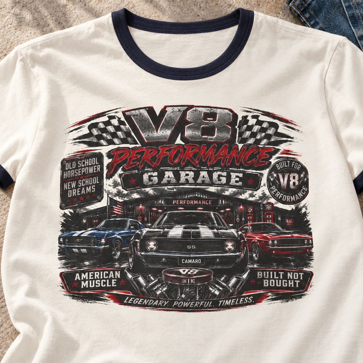 Vintage V8 Garage Ringer T-Shirt — close-up lifestyle flat lay
