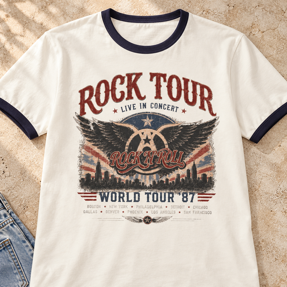 Aero Rock Tour Vintage Ringer T-Shirt — close-up lifestyle flat lay