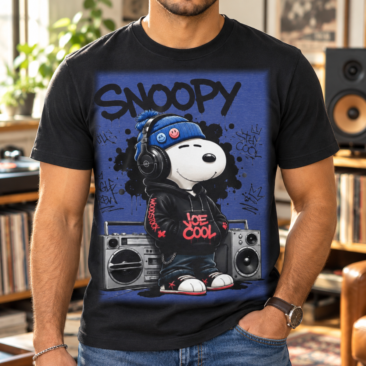 Snoopy Joe Cool Hip-Hop T-Shirt — close-up lifestyle mockup