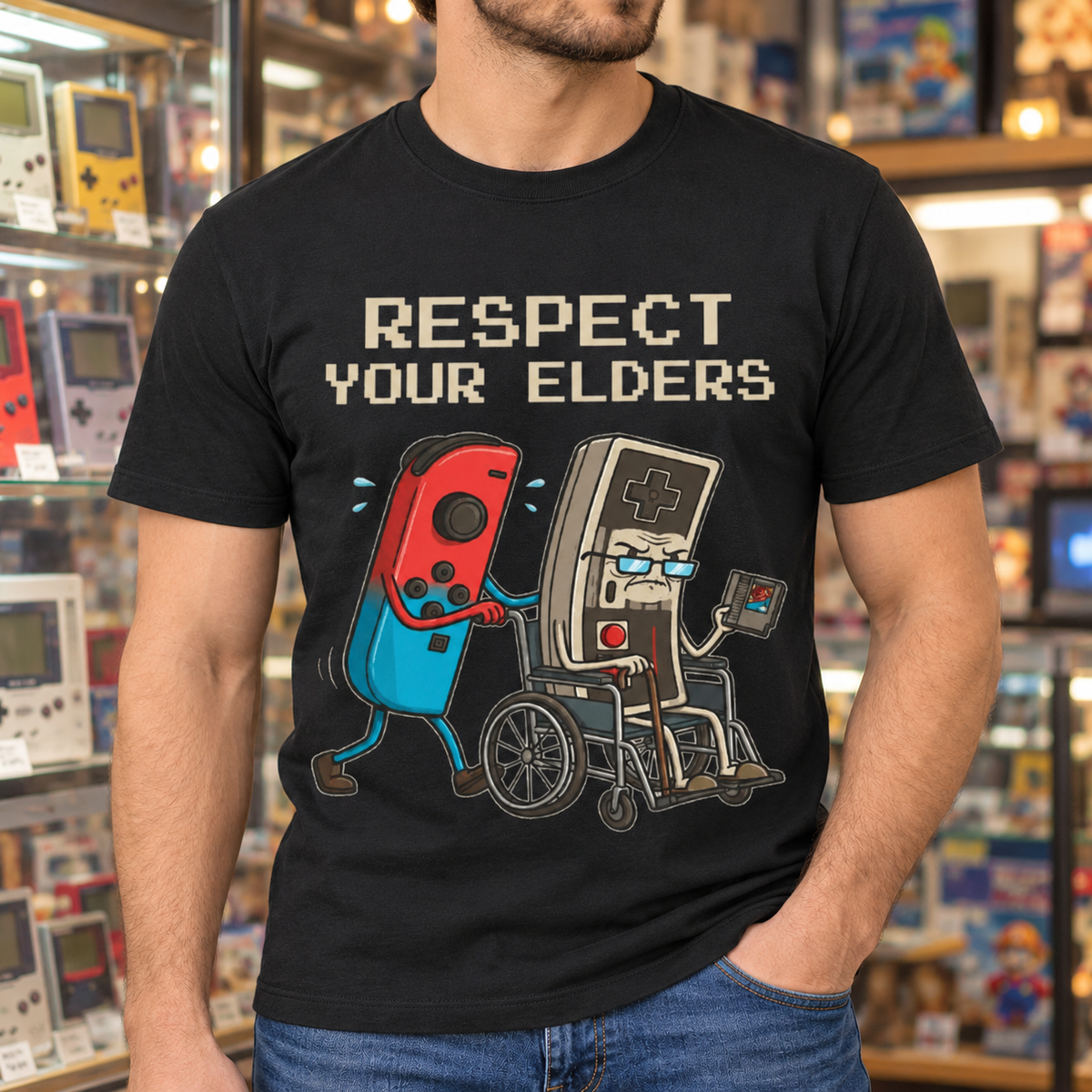 Respect Your Elders Retro Gaming T-Shirt — close-up lifestyle mockup