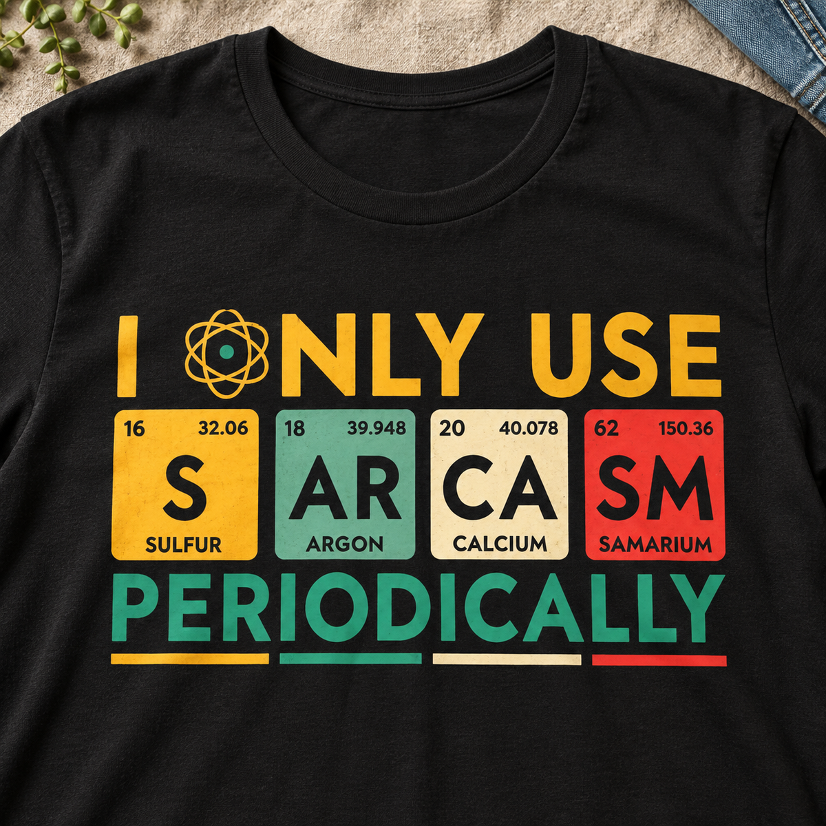 I Only Use Sarcasm Periodically Science T-Shirt — close-up lifestyle flat lay
