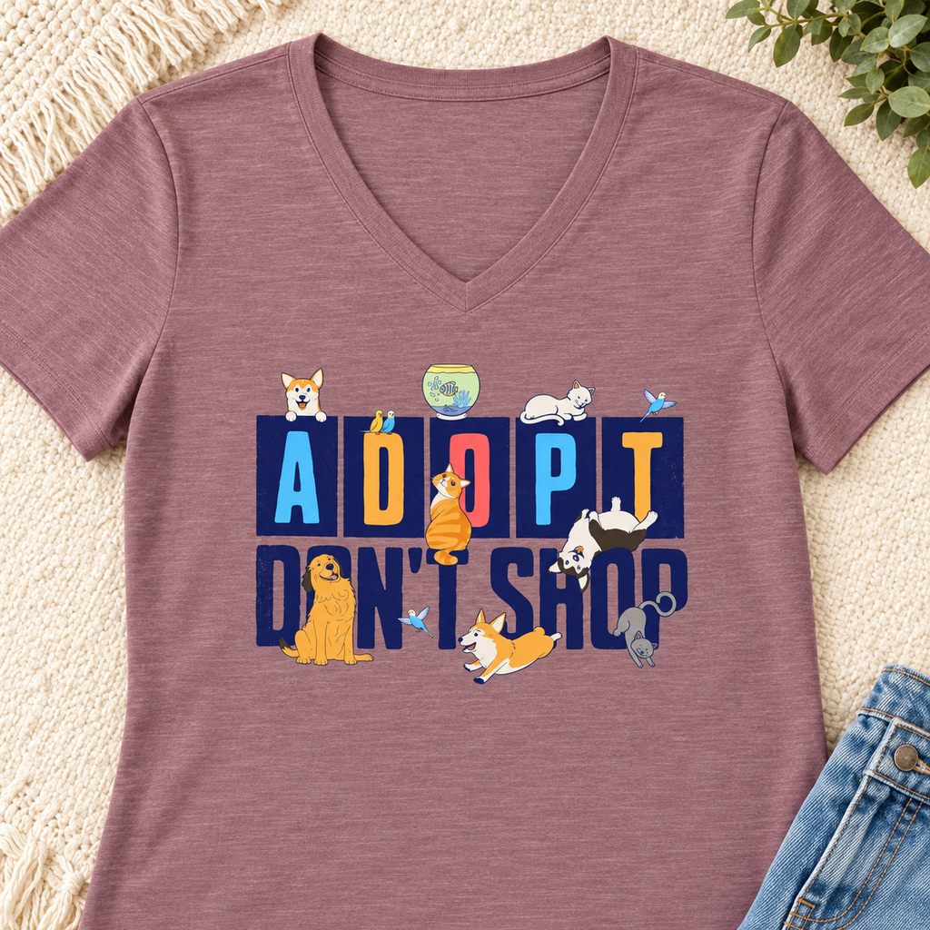 Adopt Don’t Shop Women’s V-Neck T-Shirt — close-up lifestyle flat lay