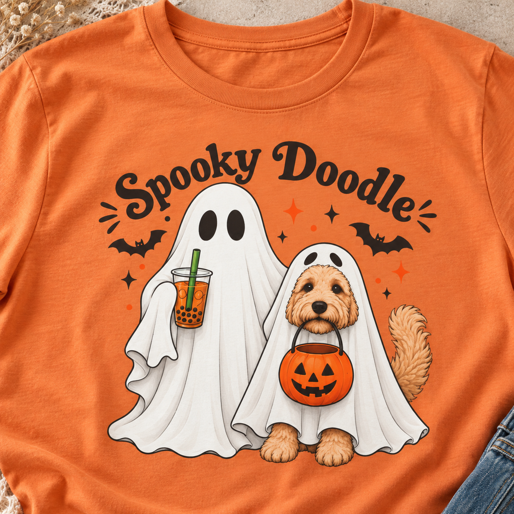 Spooky Doodle Ghost Dog Halloween T-Shirt — close-up lifestyle flat lay