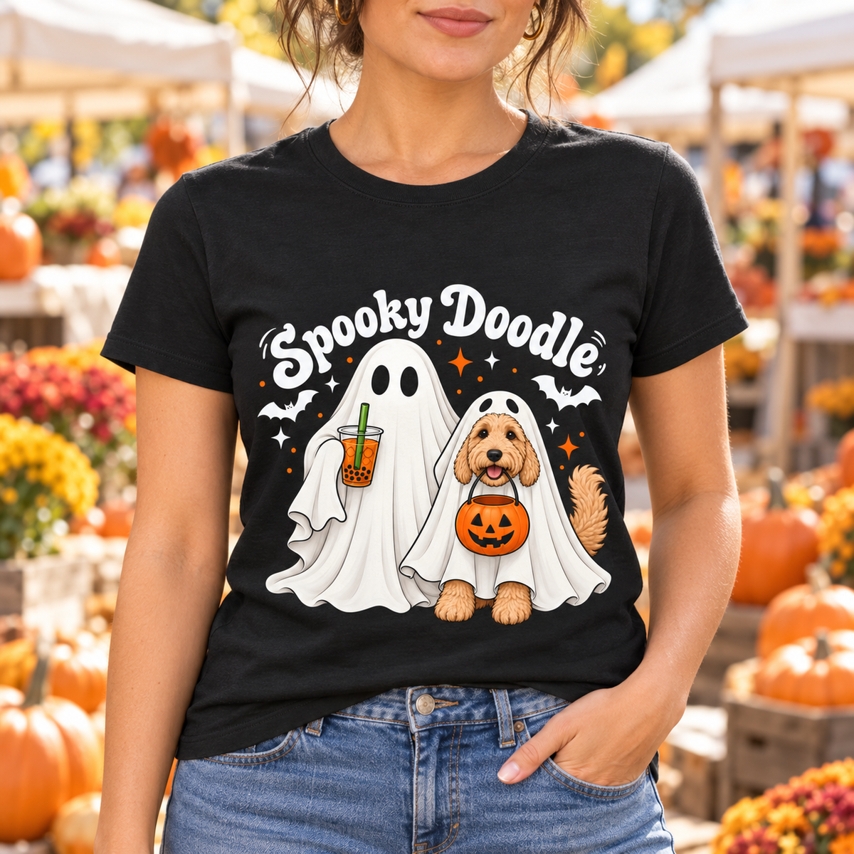 Spooky Doodle Ghost Dog Halloween T-Shirt — close-up lifestyle mockup