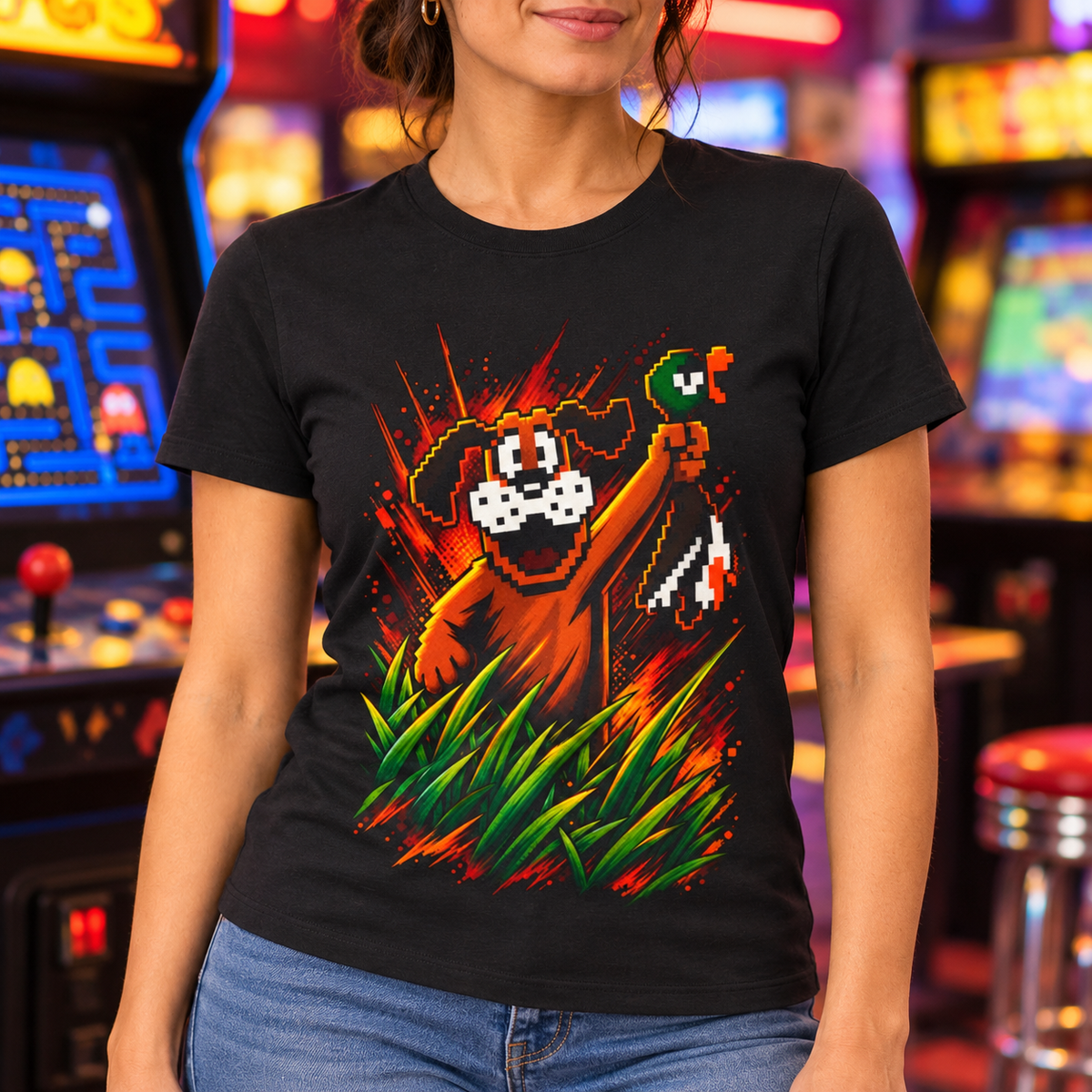 Duck Hunt Retro Gaming Shirt | Pixel Dog and Duck Graphic Tee — close-up lifestyle mockup