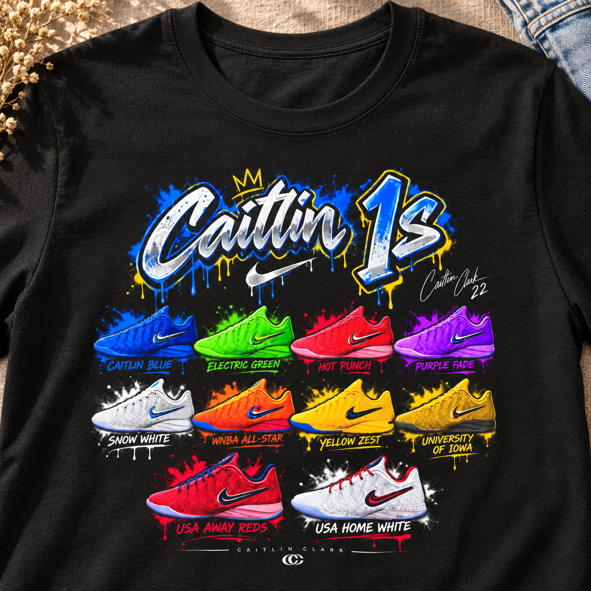 Indiana Fever – Caitlin Clark – Caitlin 1s Classic Sneaker T-Shirt — close-up lifestyle flat lay