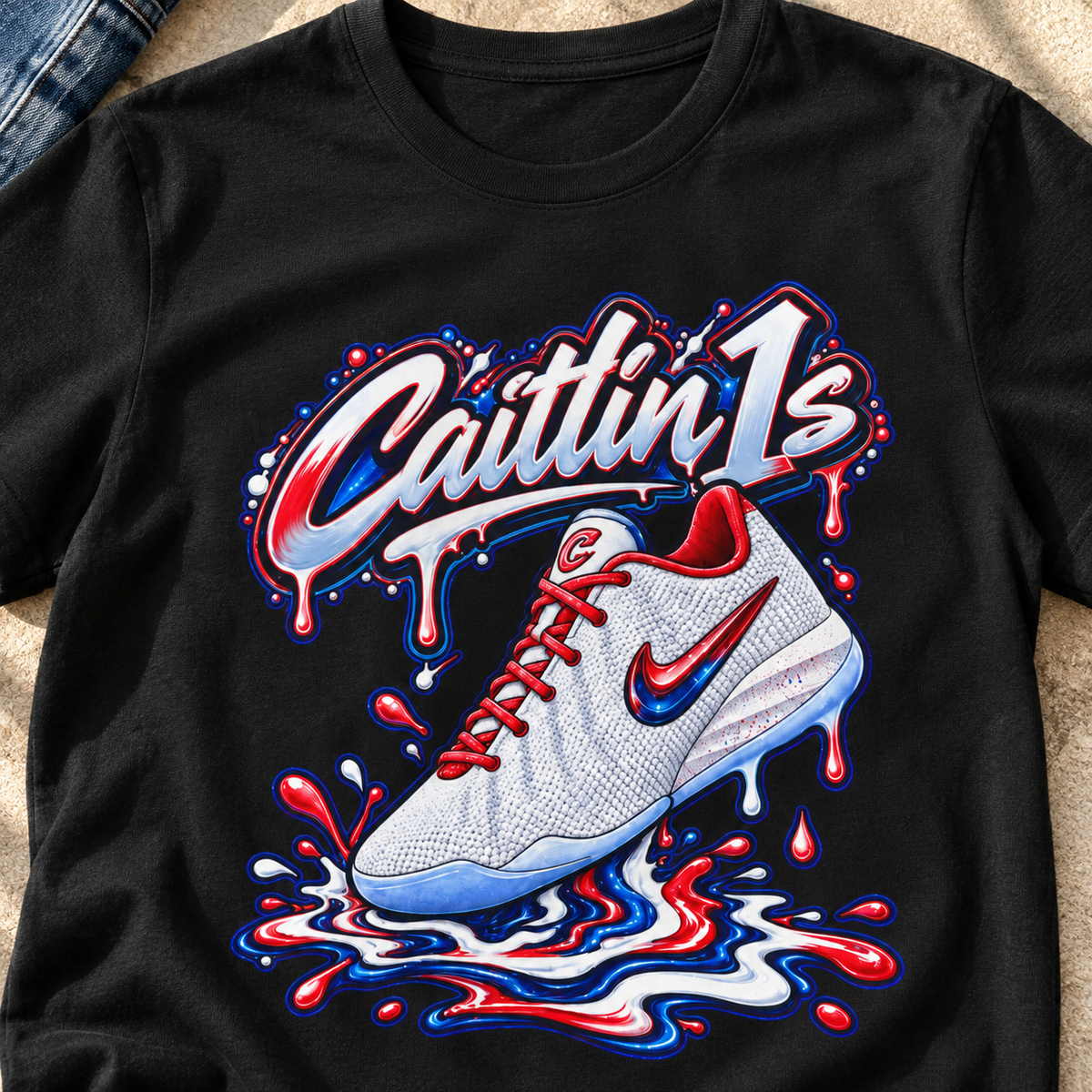 Indiana Fever – Caitlin Clark – Caitlin 1s USA Whites Sneaker T-Shirt — close-up lifestyle flat lay