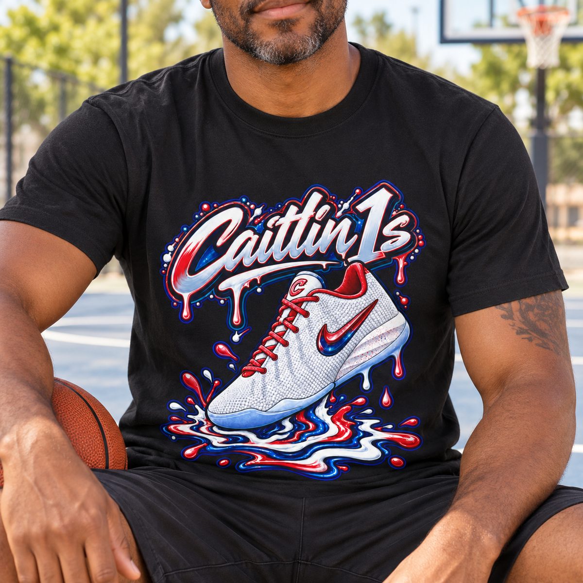 Indiana Fever – Caitlin Clark – Caitlin 1s USA Whites Sneaker T-Shirt — close-up lifestyle mockup