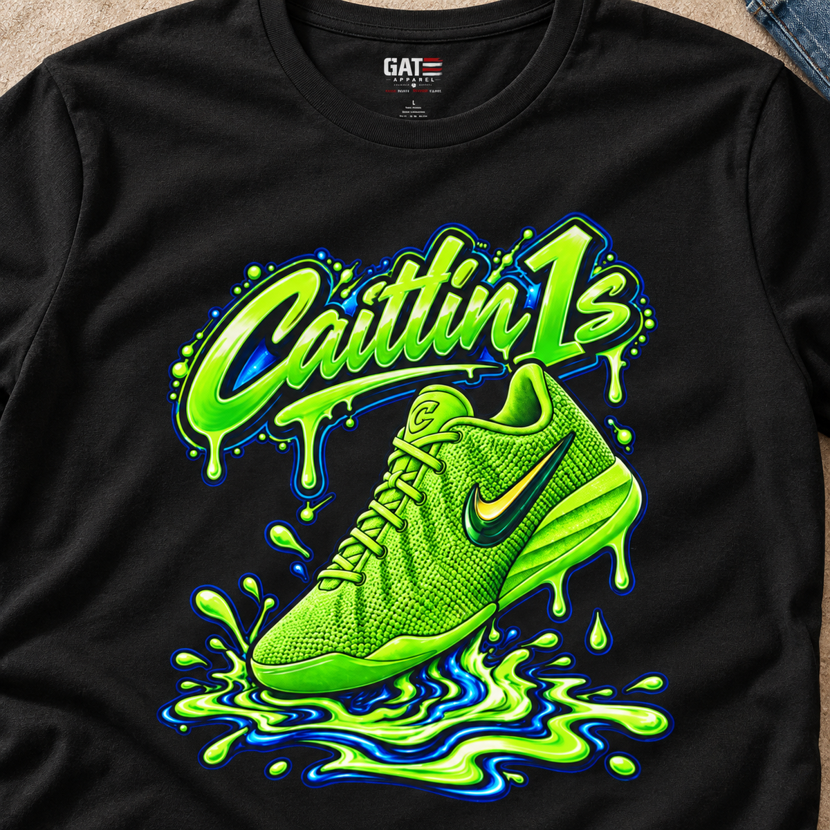 Indiana Fever – Caitlin Clark – Caitlin 1s Electric Green Sneaker T-Shirt — close-up lifestyle flat lay