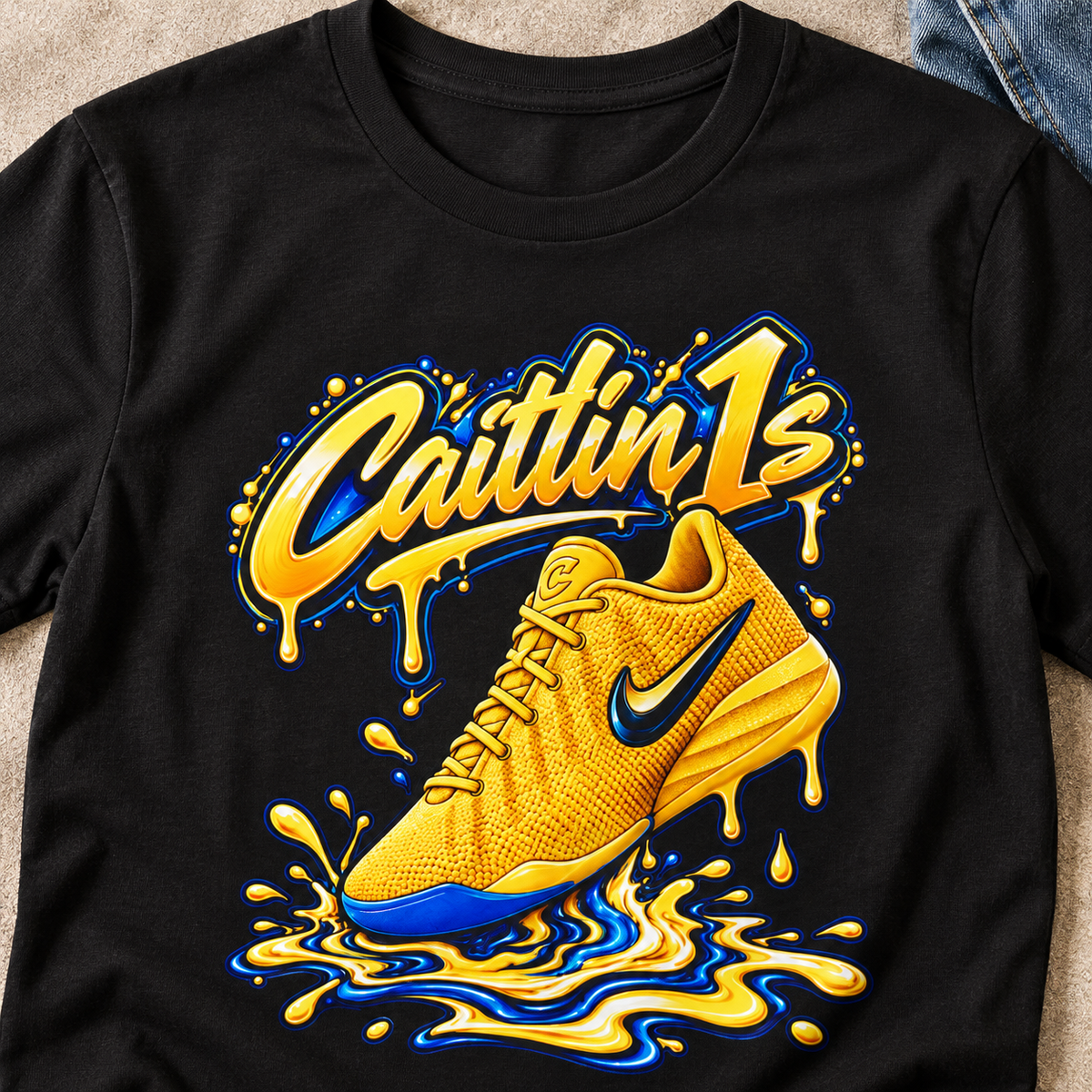 Indiana Fever – Caitlin Clark – Caitlin 1s Yellow Zest Sneaker T-Shirt — close-up lifestyle flat lay