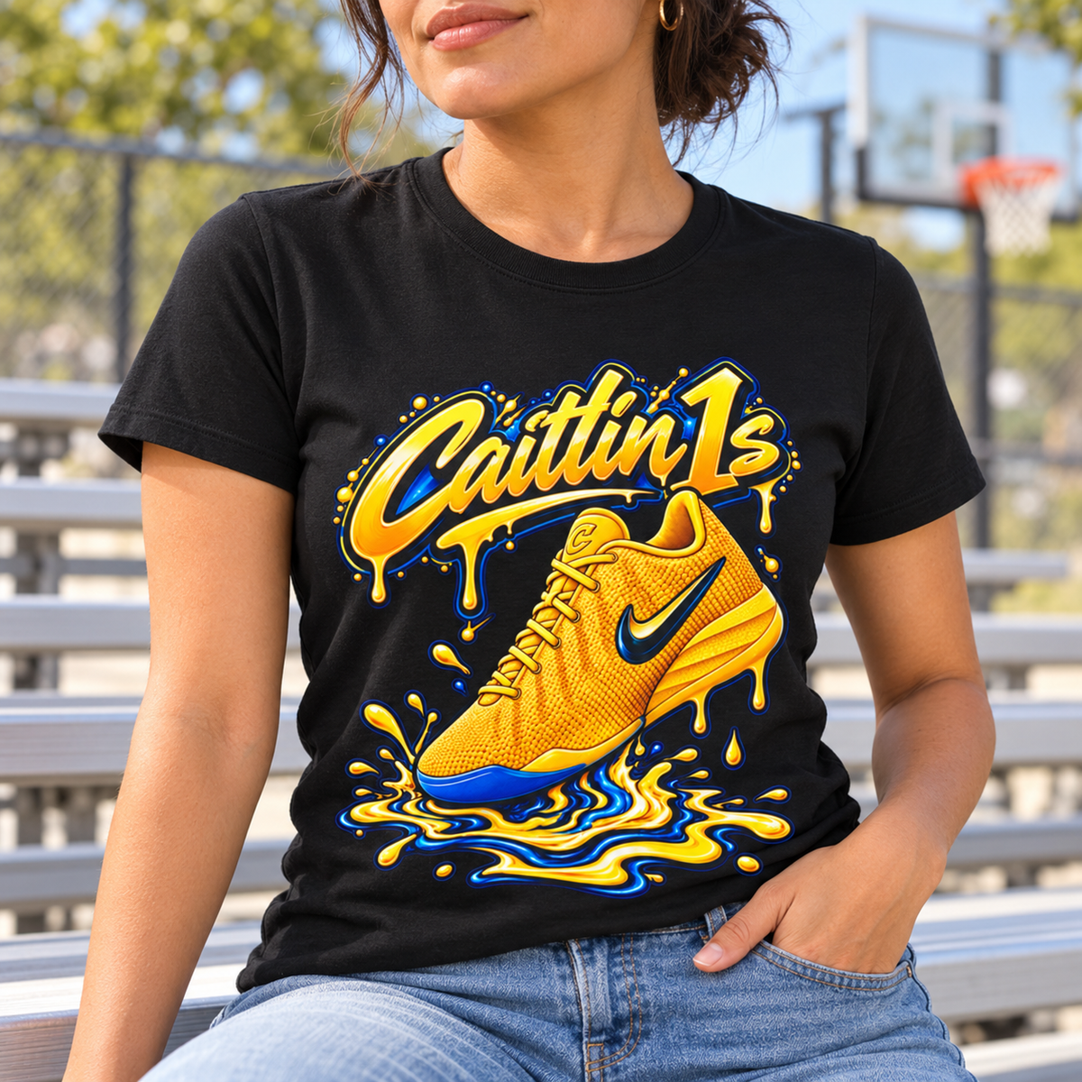 Indiana Fever – Caitlin Clark – Caitlin 1s Yellow Zest Sneaker T-Shirt — close-up lifestyle mockup