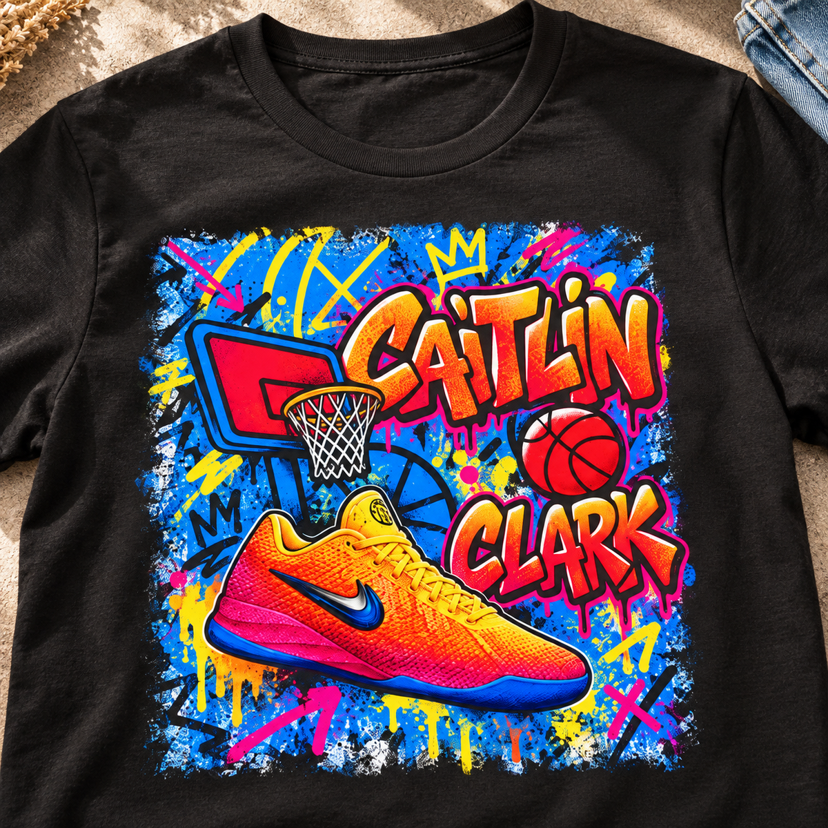 Indiana Fever – Caitlin Clark – Caitlin 1s Sneaker T-Shirt Style 2 — close-up lifestyle flat lay