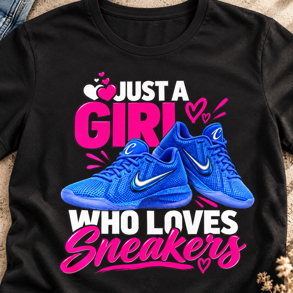Indiana Fever – Caitlin Clark – Caitlin 1s Just a Girl Sneaker T-Shirt Style 1 — close-up lifestyle flat lay