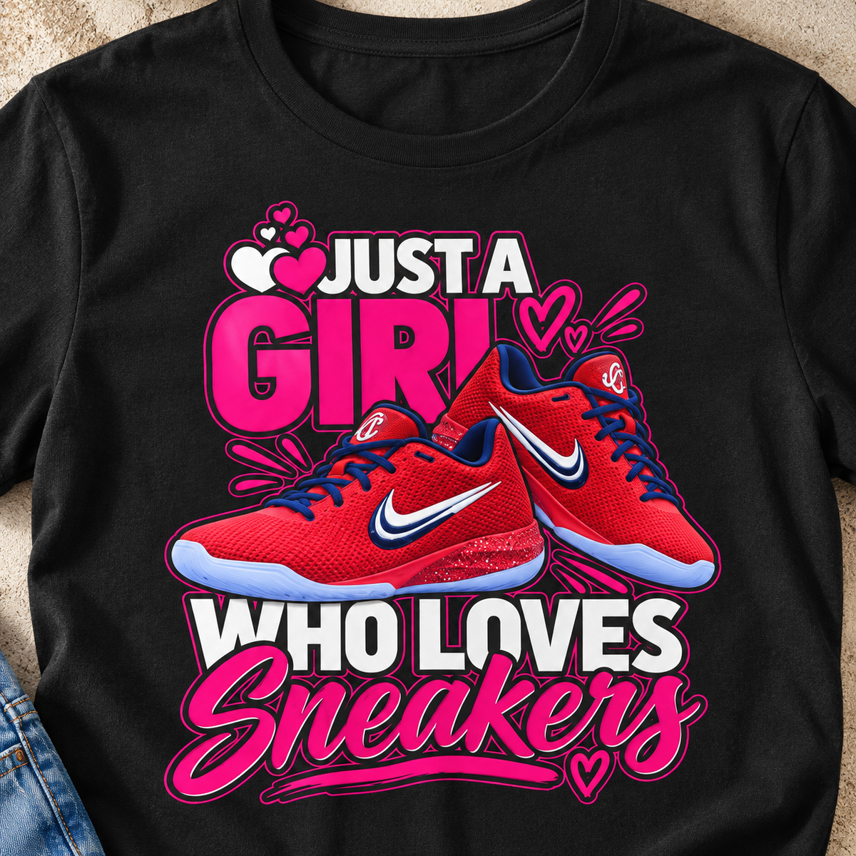 Indiana Fever – Caitlin Clark – Caitlin 1s Just a Girl Sneaker T-Shirt Style 2 — close-up lifestyle flat lay