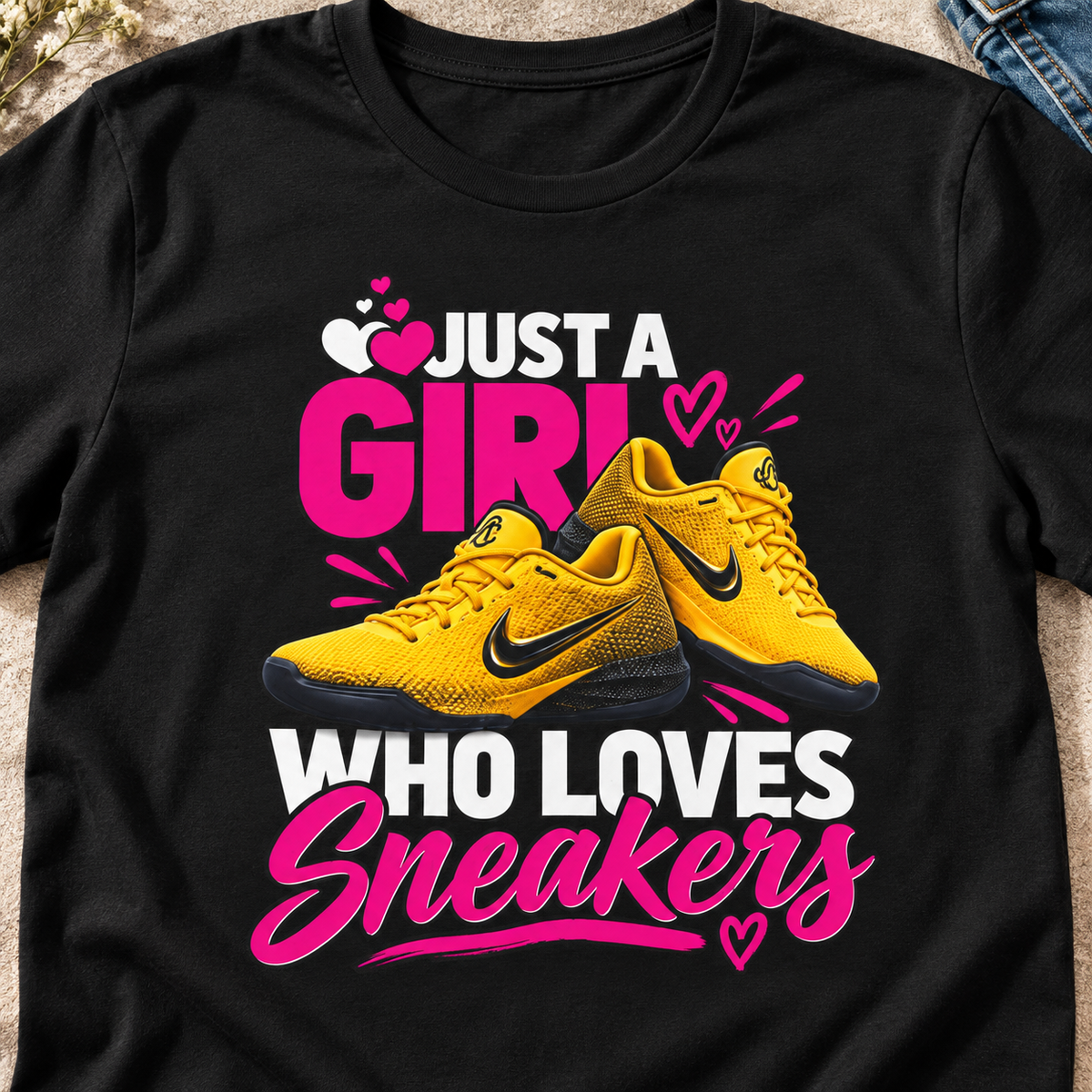 Indiana Fever – Caitlin Clark – Caitlin 1s Just a Girl Sneaker T-Shirt Style 3 — close-up lifestyle flat lay