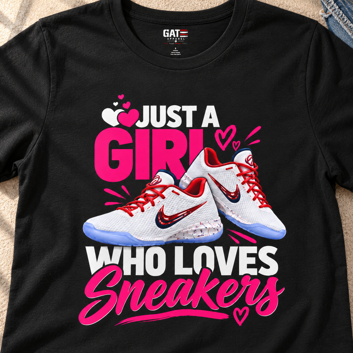 Indiana Fever – Caitlin Clark – Caitlin 1s Just a Girl Sneaker T-Shirt Style 4 — close-up lifestyle flat lay