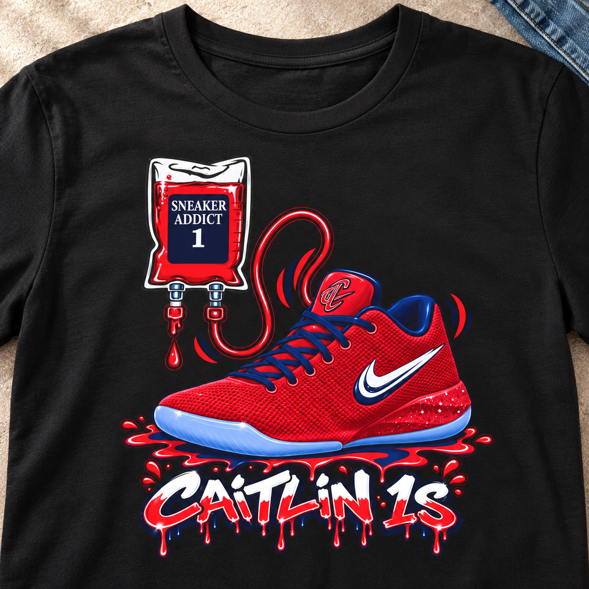 Indiana Fever – Caitlin Clark – Caitlin 1s Addict Red Sneaker T-Shirt — close-up lifestyle flat lay