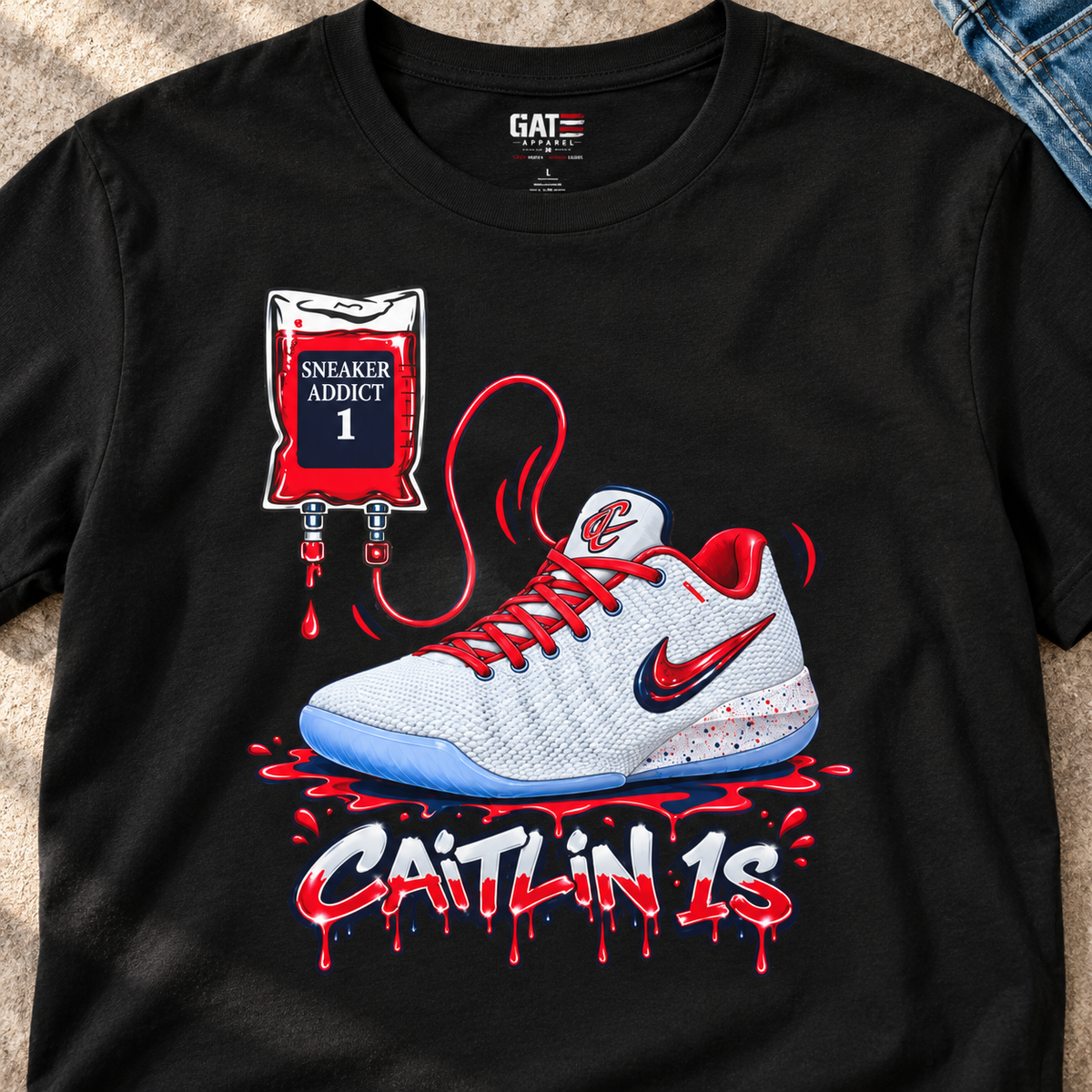 Indiana Fever – Caitlin Clark – Caitlin 1s Addict Whites Sneaker T-Shirt — close-up lifestyle flat lay