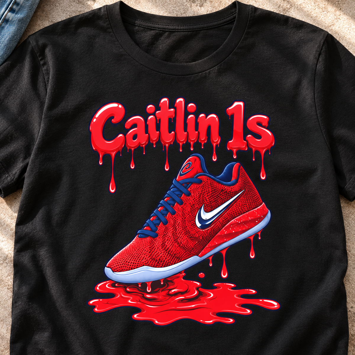 Indiana Fever – Caitlin Clark – Caitlin 1s USA Reds Paint Sneaker T-Shirt — close-up lifestyle flat lay