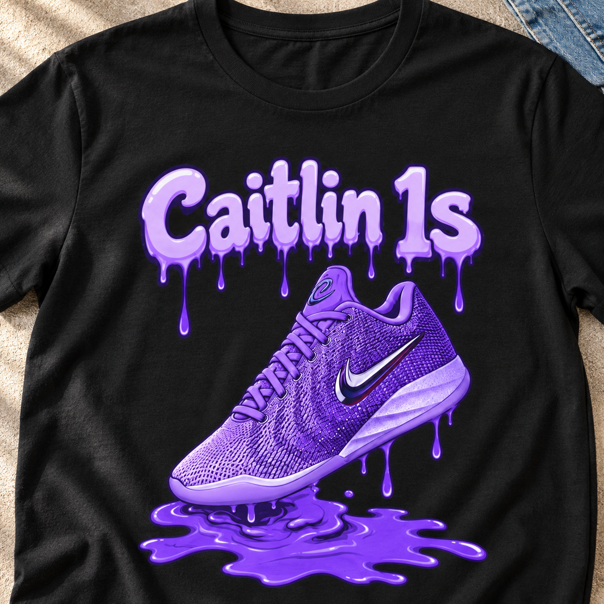 Indiana Fever – Caitlin Clark – Caitlin 1s Purple Fade Paint Sneaker T-Shirt — close-up lifestyle flat lay
