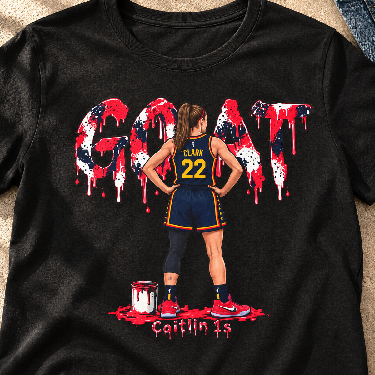 Indiana Fever – Caitlin Clark – Caitlin 1s GOAT Sneaker T-Shirt — close-up lifestyle flat lay