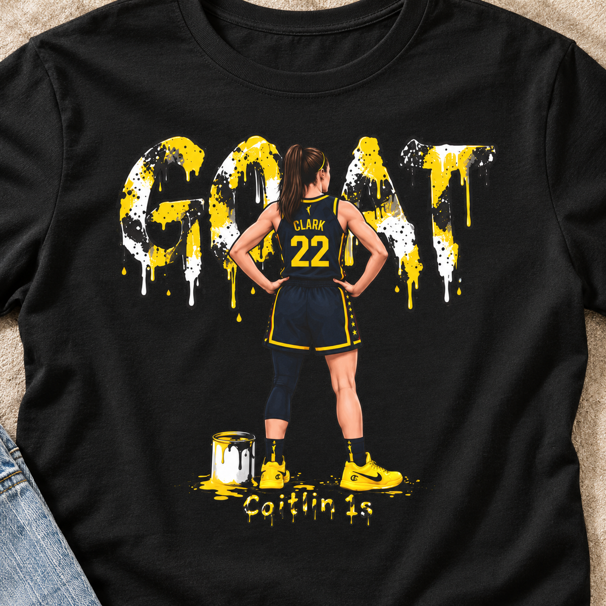 Indiana Fever – Caitlin Clark – Caitlin 1s GOAT Yellow Sneaker T-Shirt — close-up lifestyle flat lay