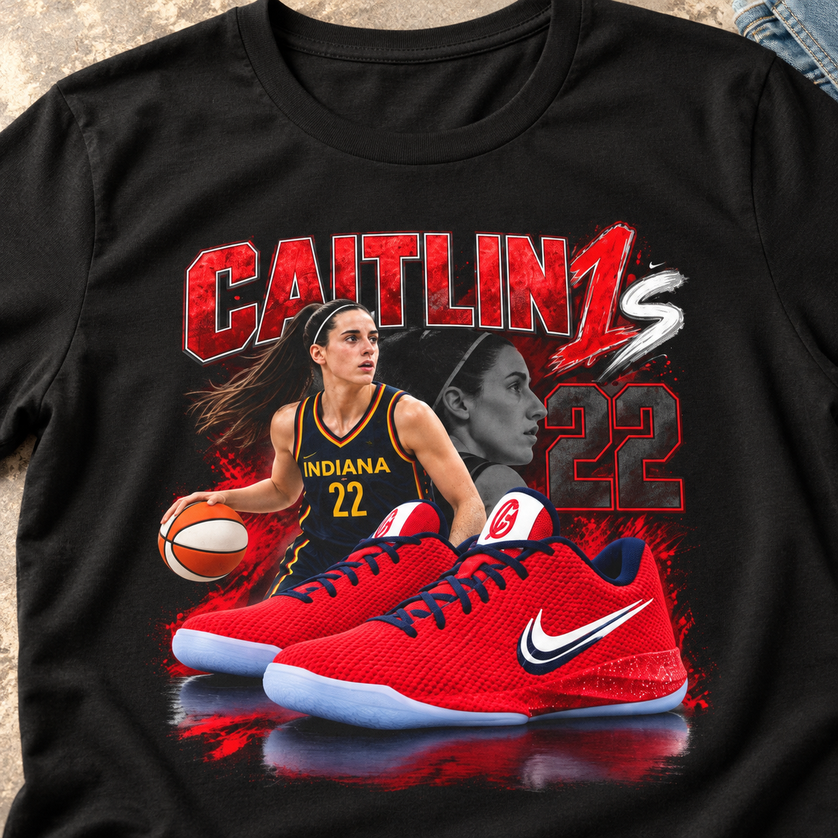 Indiana Fever – Caitlin Clark – Caitlin 1s USA Reds Sneaker T-Shirt — close-up lifestyle flat lay
