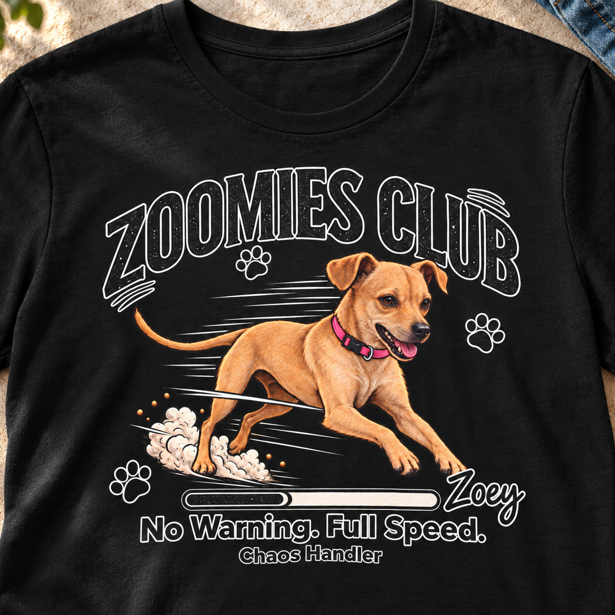 Personalized Zoomies Club Dog Shirt | Custom Pet Tee — close-up lifestyle flat lay