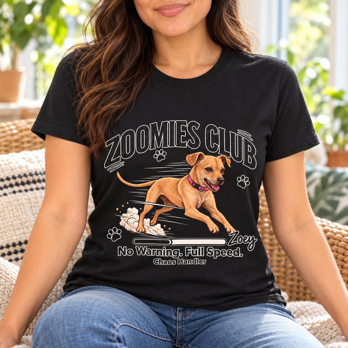 Personalized Zoomies Club Dog Shirt | Custom Pet Tee — close-up lifestyle mockup