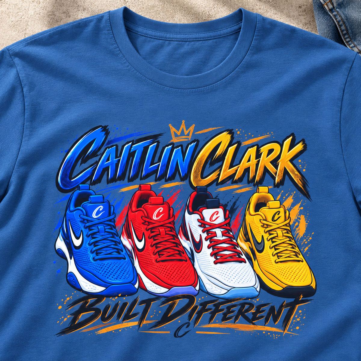 Indiana Fever – Caitlin Clark – Built Different Sneaker T-Shirt — close-up lifestyle flat lay