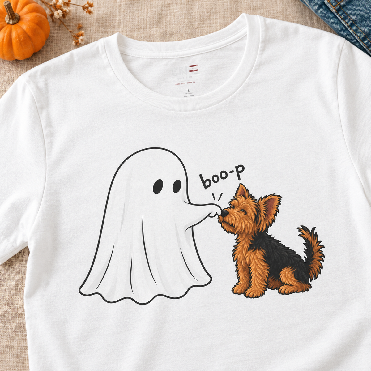 Boo-p Terrier Halloween T-Shirt — close-up lifestyle flat lay