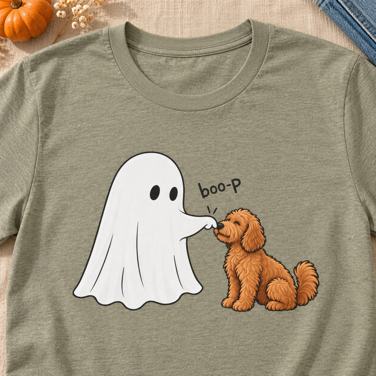 Boo-p Doodle Halloween T-Shirt — close-up lifestyle flat lay