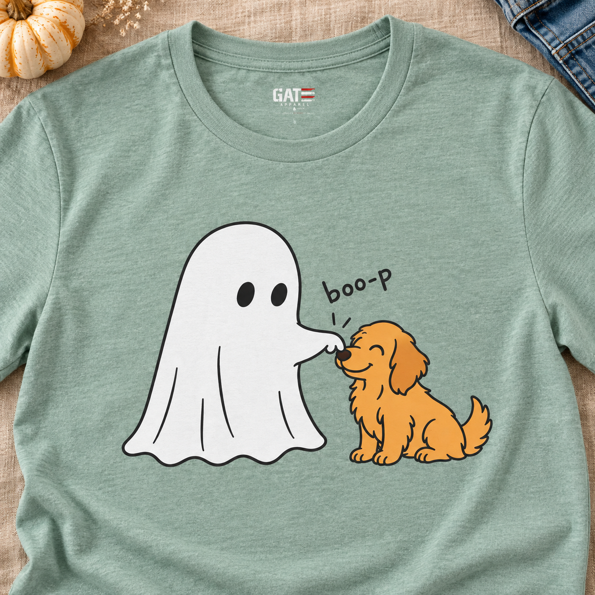 Boo-p Golden Retriever Halloween T-Shirt — close-up lifestyle flat lay