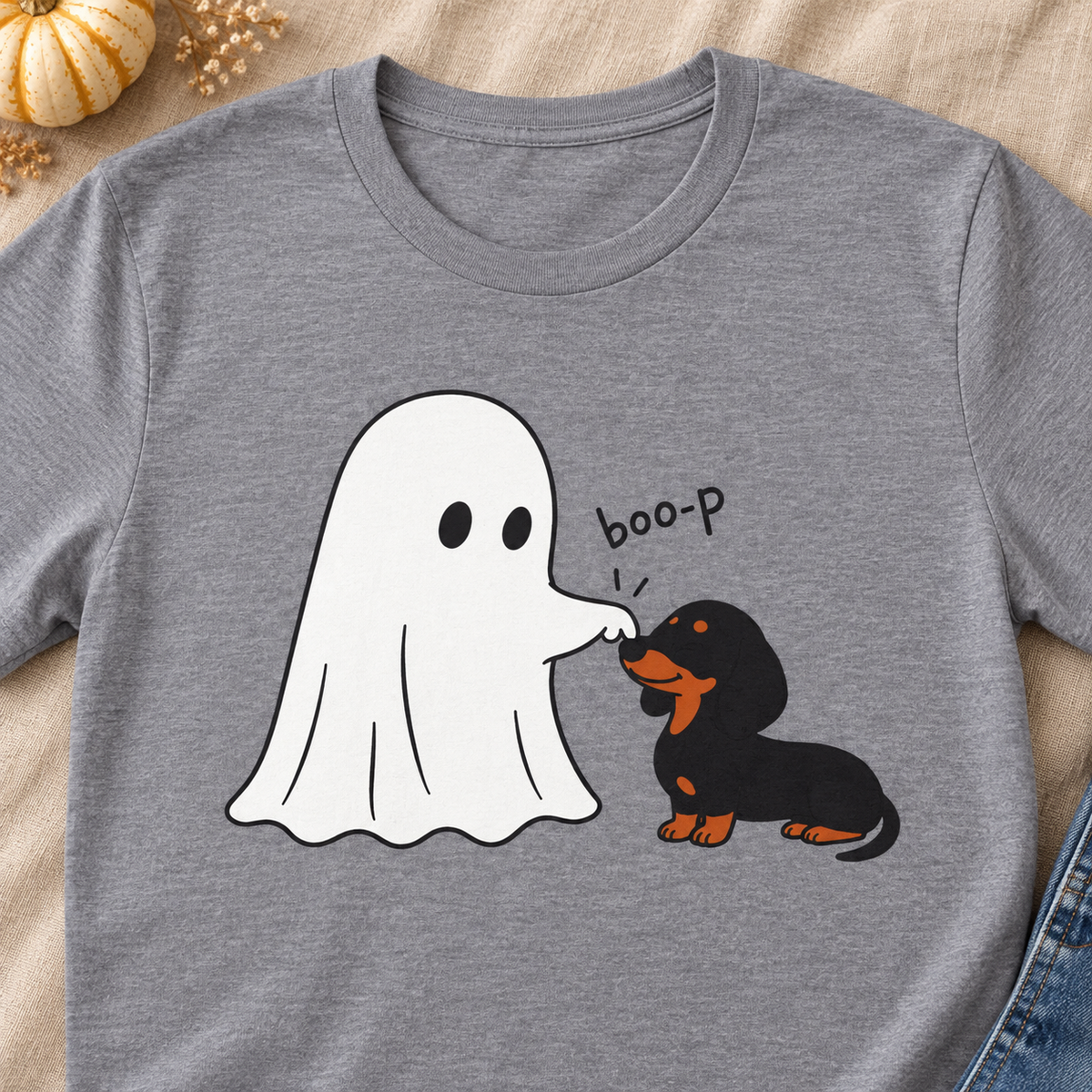Boo-p Dachshund Halloween T-Shirt — close-up lifestyle flat lay