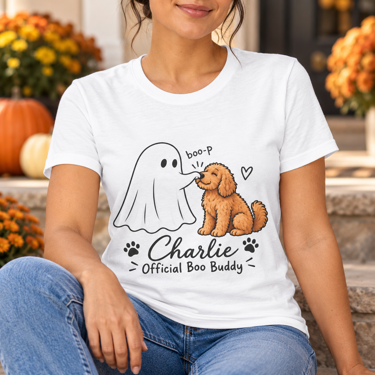 Personalized Ghost Boop Dog Shirt – Custom Pet Photo Halloween Tee — close-up lifestyle mockup