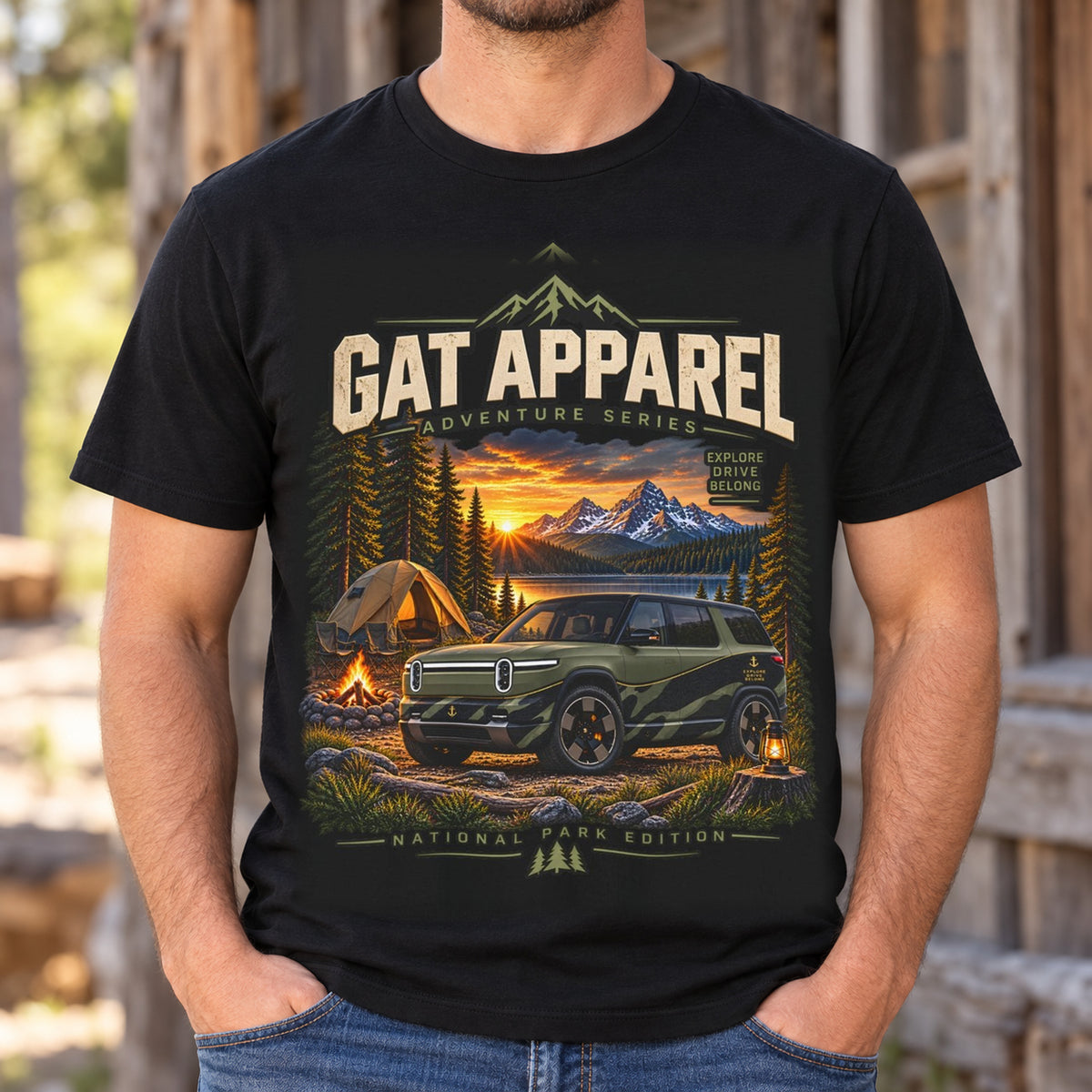 Campfire Trails Adventure SUV T-Shirt — man wearing shirt with original artwork