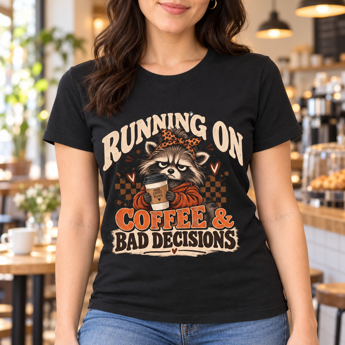 Running on Coffee & Bad Decisions Shirt | Funny Raccoon Tee — close-up lifestyle mockup