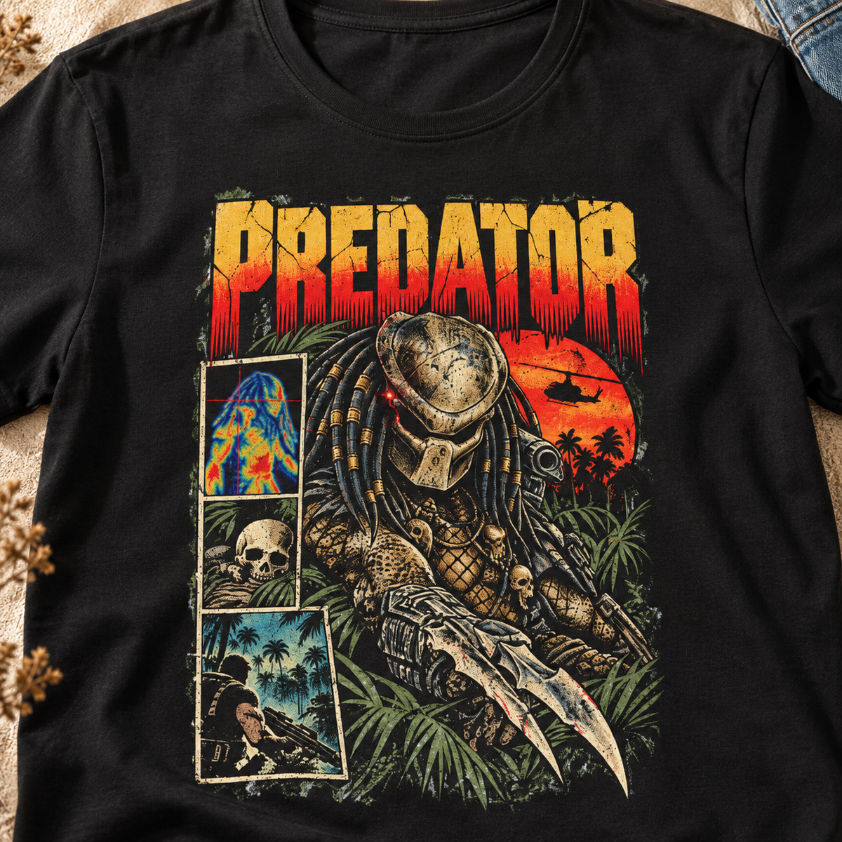 Predator Movie Shirt | Retro Sci-Fi Horror Graphic Tee — close-up lifestyle flat lay