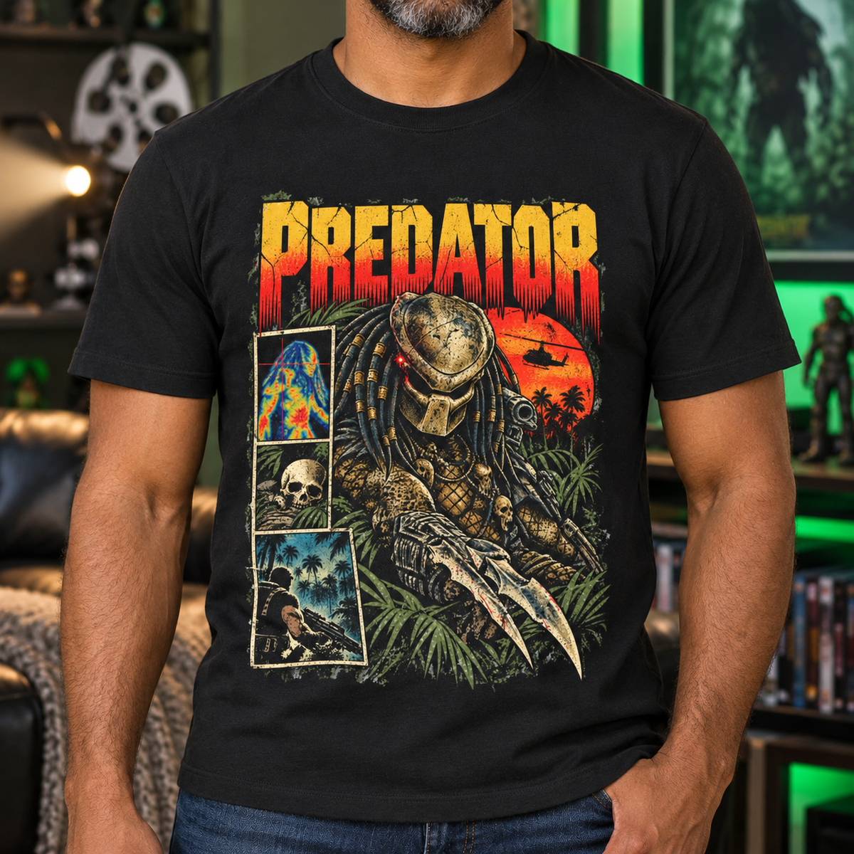 Predator Movie Shirt | Retro Sci-Fi Horror Graphic Tee — close-up lifestyle mockup