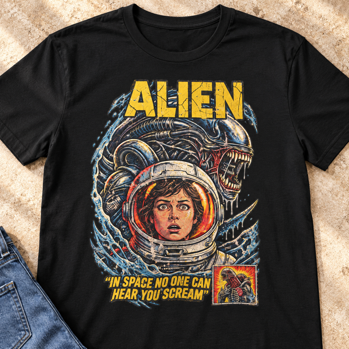 Alien Movie Shirt | Vintage Sci-Fi Horror Graphic Tee — close-up lifestyle flat lay