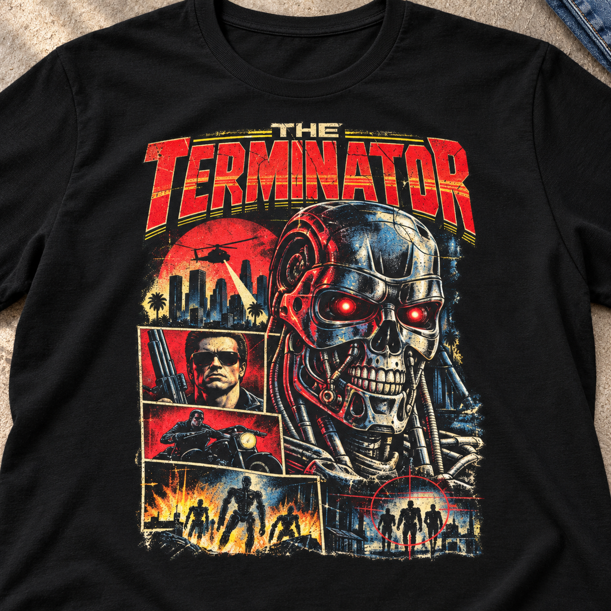 Terminator Shirt | Retro Sci-Fi Robot Movie Graphic Tee — close-up lifestyle flat lay