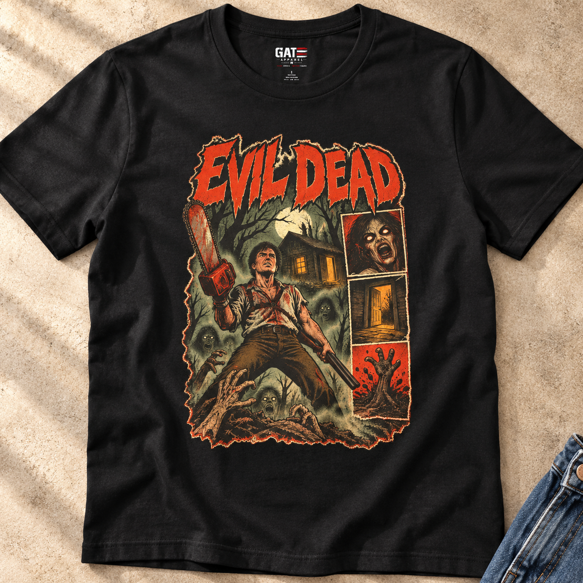 Evil Dead Shirt | Retro Horror Movie Graphic Tee — close-up lifestyle flat lay