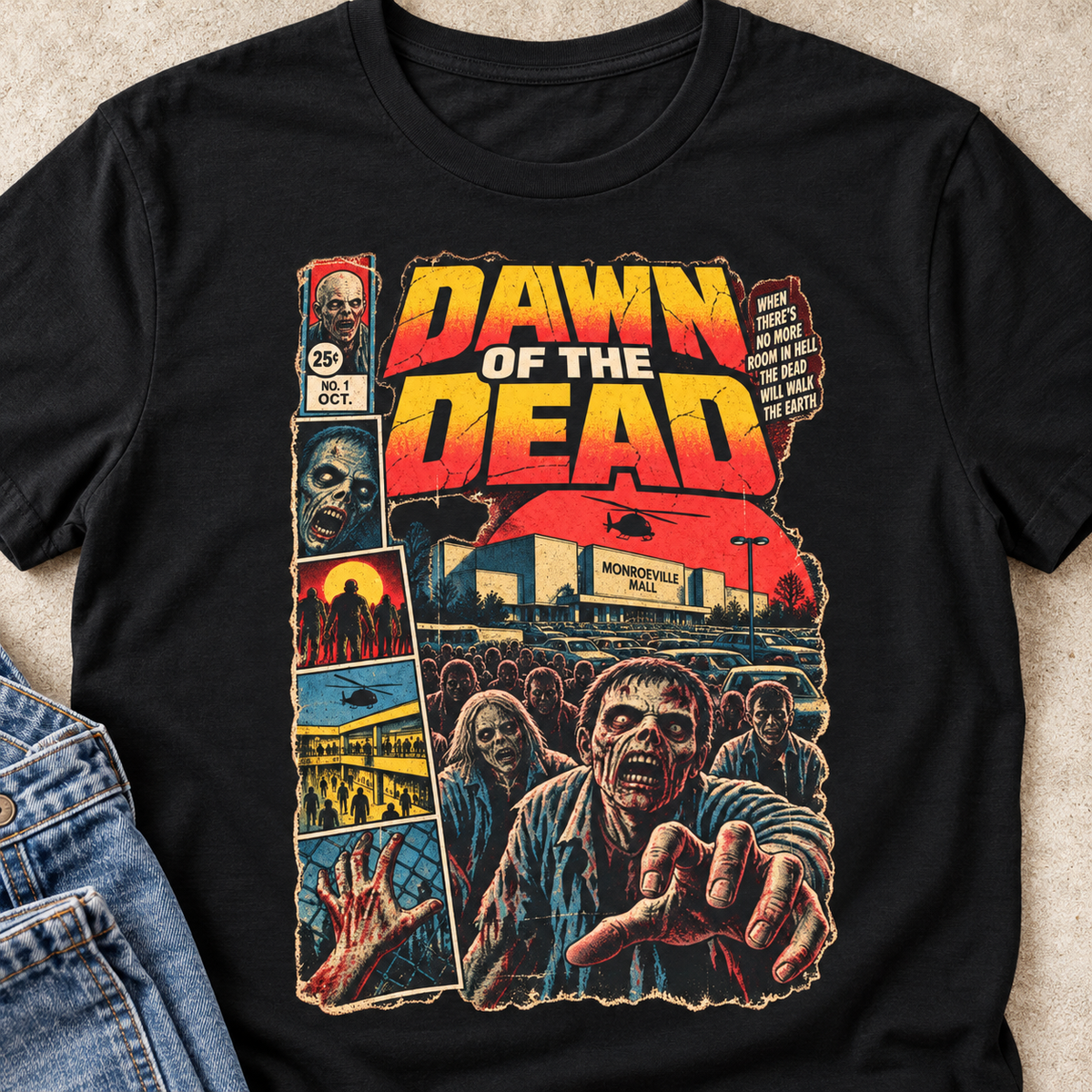 Dawn of the Dead Shirt | Retro Zombie Horror Movie Tee — close-up lifestyle flat lay