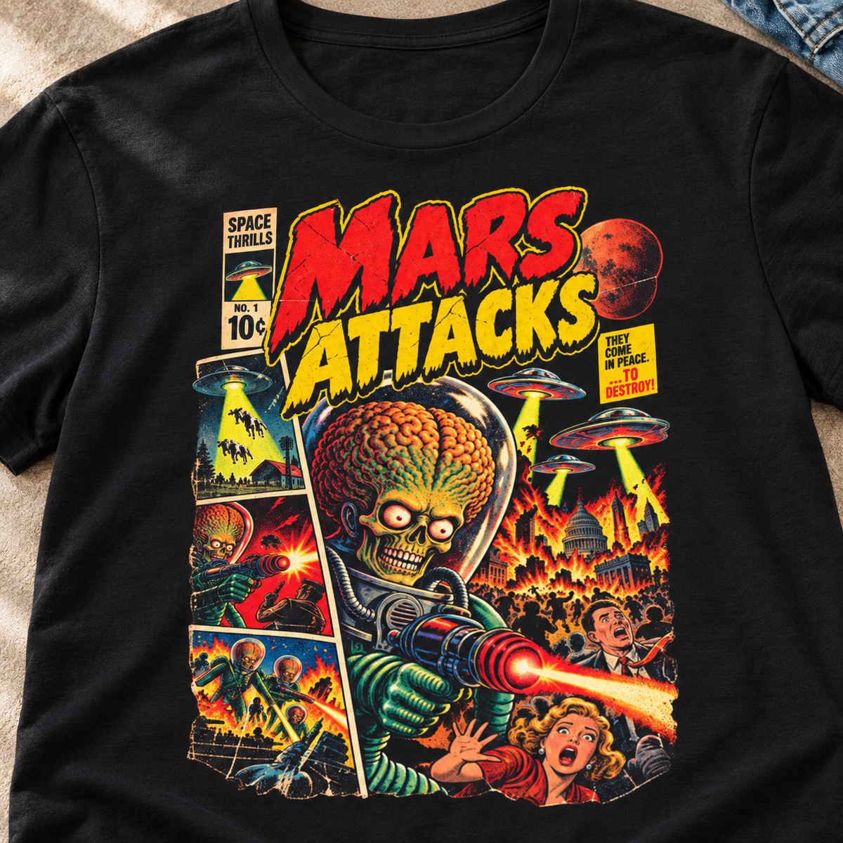 Mars Attacks Shirt | Retro Sci-Fi Comic Movie Tee — close-up lifestyle flat lay