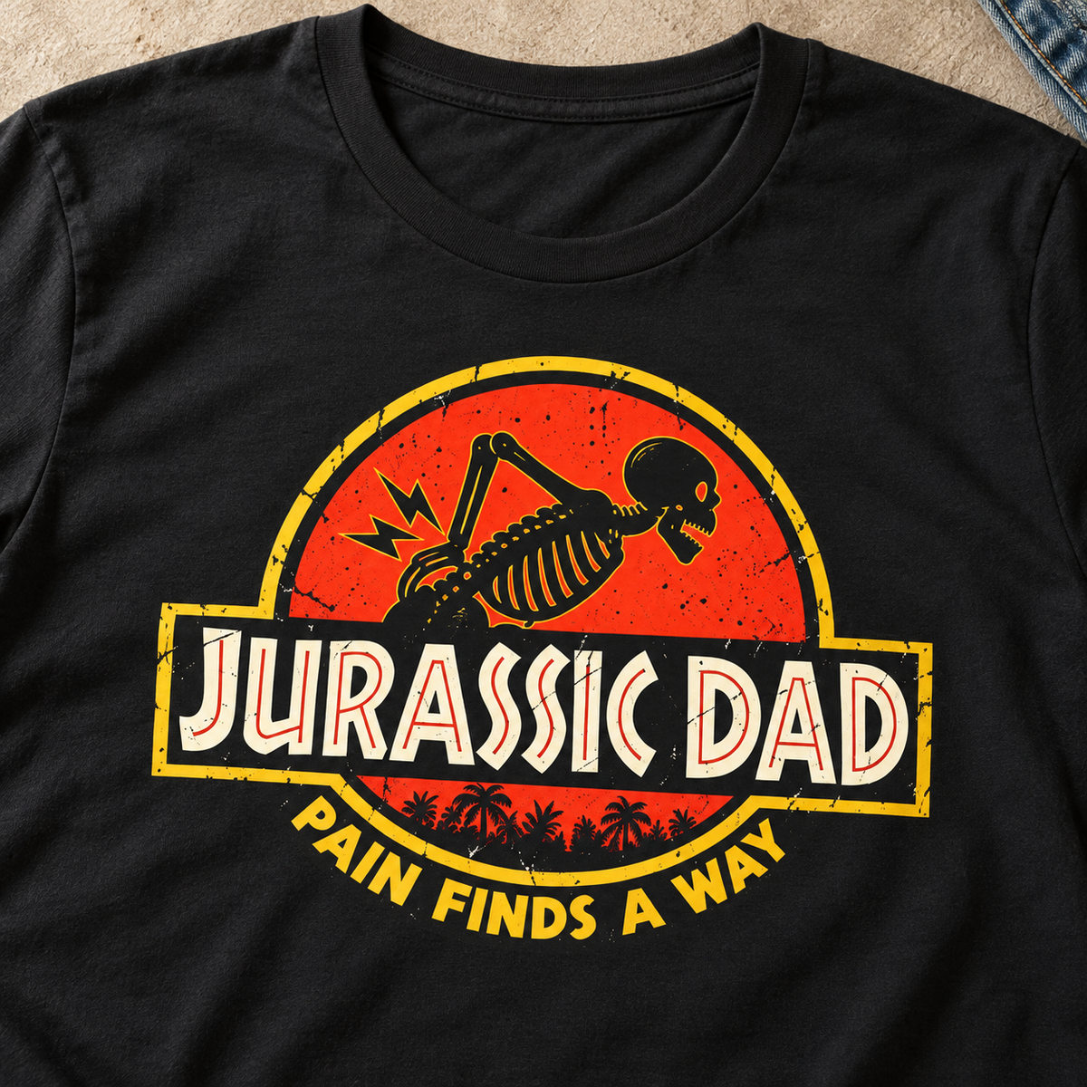 Jurassic Dad Shirt | Funny Dinosaur Dad Movie-Inspired Tee — close-up lifestyle flat lay