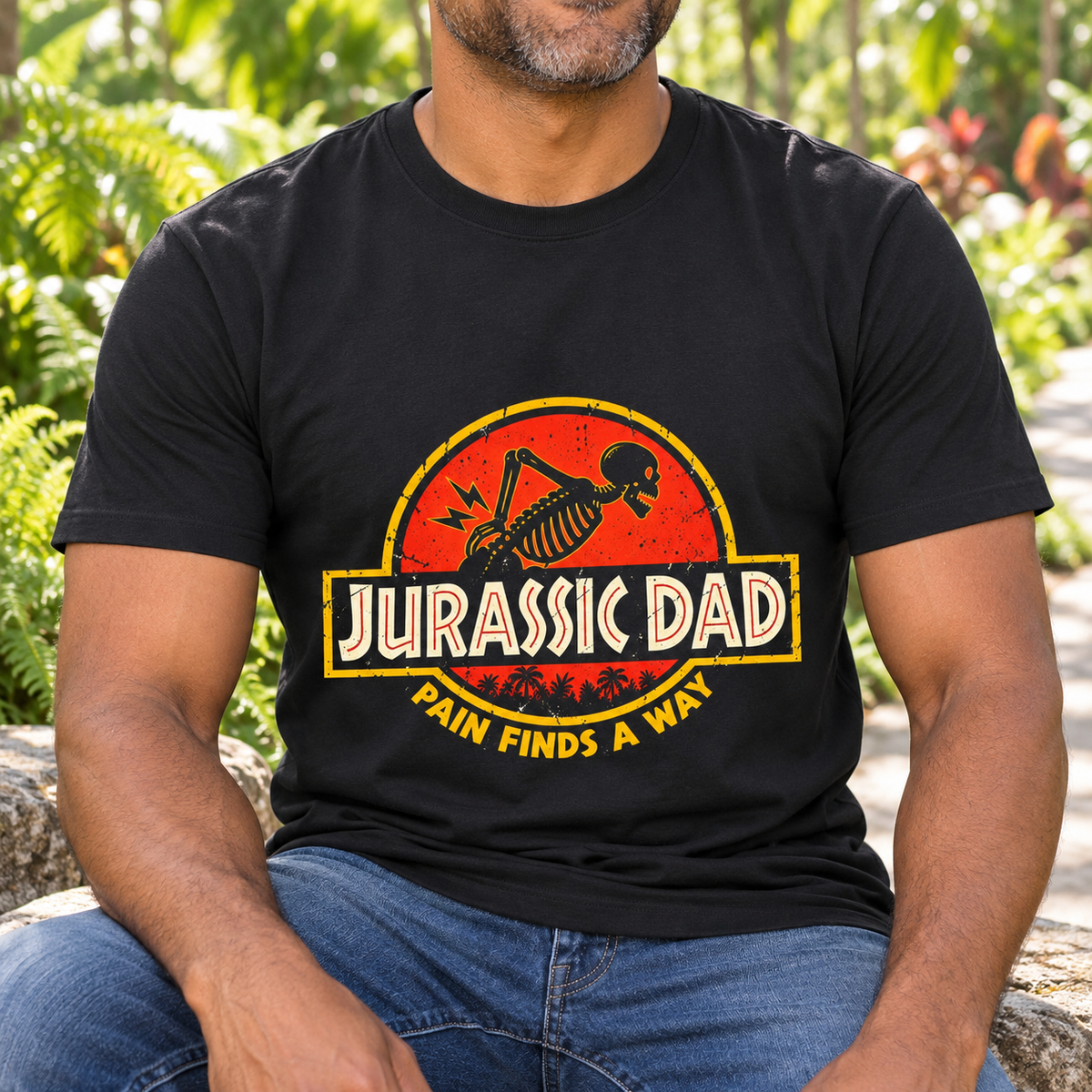 Jurassic Dad Shirt | Funny Dinosaur Dad Movie-Inspired Tee — close-up lifestyle mockup
