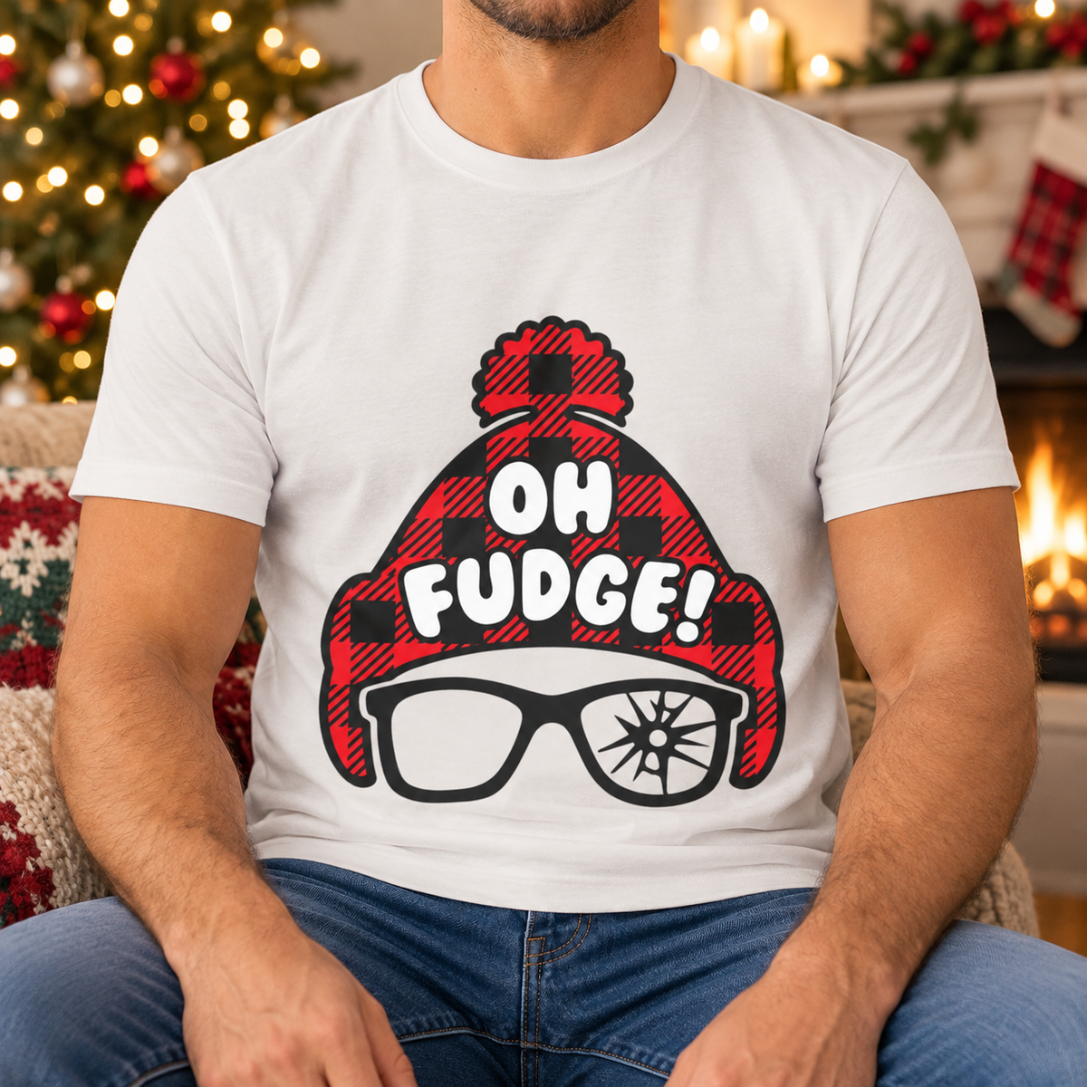 Oh Fudge Christmas Shirt | Funny Holiday Movie-Inspired Tee — close-up lifestyle mockup